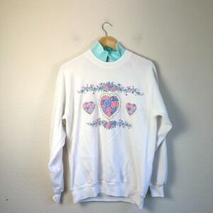 Gopher Sport Sweatshirt Womens L White Good Floral Heart Mock Neck Vintage 90s